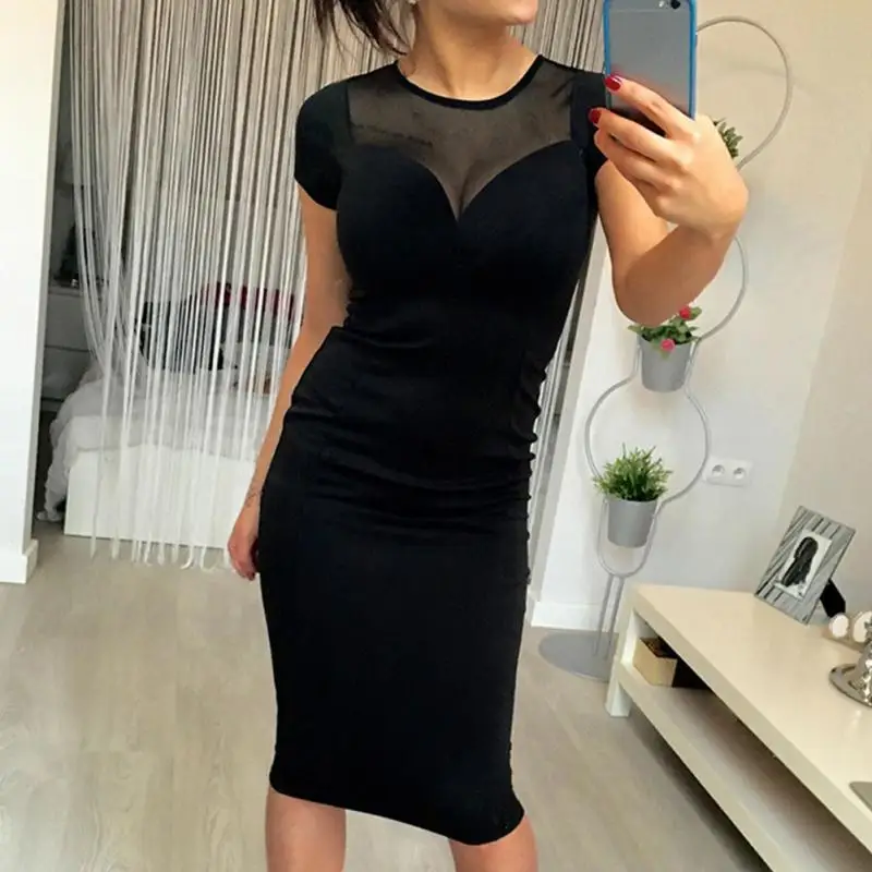 Women Dress Hollow Out Short Sleeve Black Mesh Dresses Zippered Knee-length Sexy Club | Женская одежда