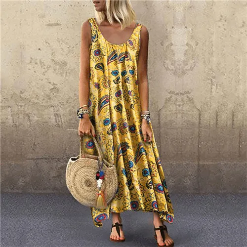 05 yellow Lipswag 5XL женское Цветочное платье Бохо без рукавов винтажное летнее пляжное длинное платье макси элегантное платье с круглым вырезом размера плюс - Цвет: 05 yellow