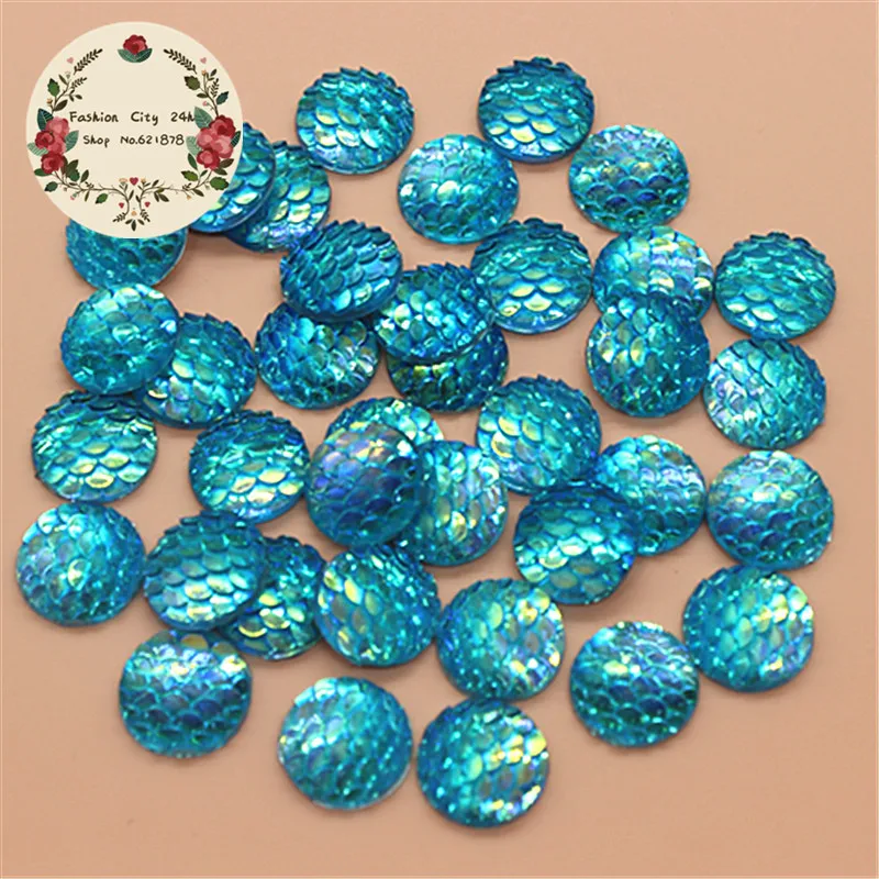 100 шт 12 мм Bling Acid Blue AB Fish Scale Pattern Flatback Смола Кабошон DIY декоративное Ремесло
