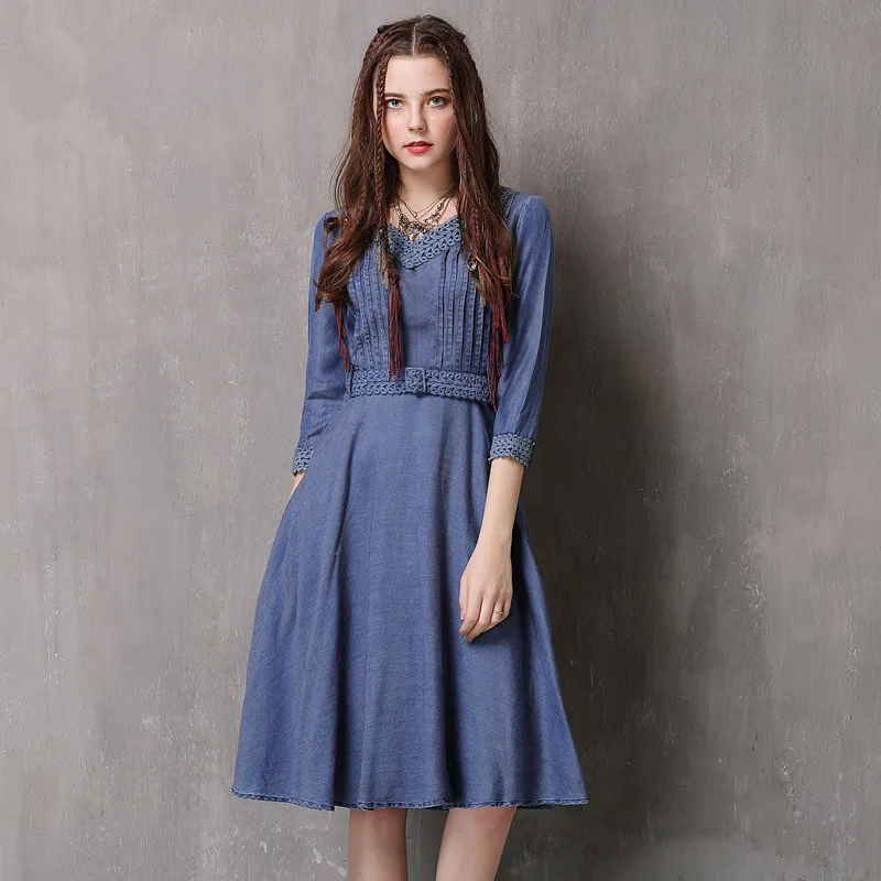 Винтажное джинсовое платье 2018 Новое Женское летнее до колена с коротким рукавом
