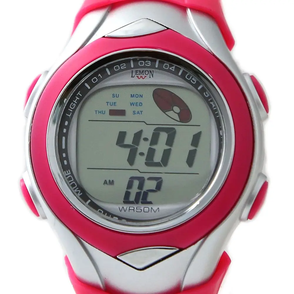 

DW045G Slim Ladies Chronograph Date Alarm BackLight Magenta Bezel Water Resist Girls Digital Watch