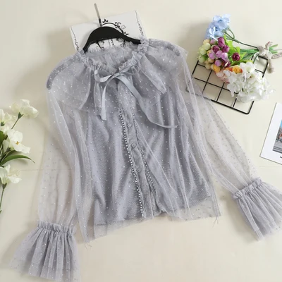 grey Neploe/милая блузка для девочек с кружевными оборками и бантом; комплект из двух предметов в горошек; коллекция года; сезон осень; модная женская блуза с длинными рукавами; 69059 - Цвет: grey