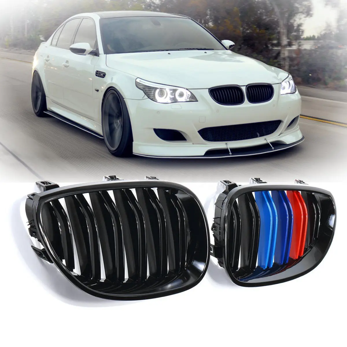 Gloss Black M-Color Front Kidney Grill Grille for 2003-2010 BMW E60 E61 5 Series