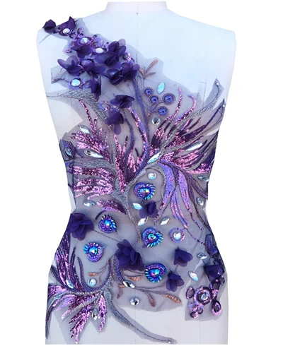 purple small Большие 3D трехмерные цветы Пришивные фиолетовые кружева аппликация стразы отделка патчи для Платья 82*55 см - Цвет: purple small