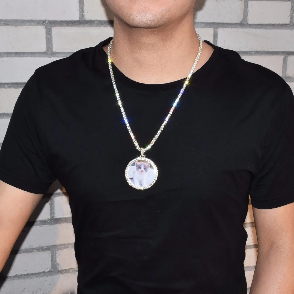 Bubble Letter Custom Circle Photo Medallions Necklace & Pendant Gold Color Cubic Zircon Men's Hip Hop Jewelry