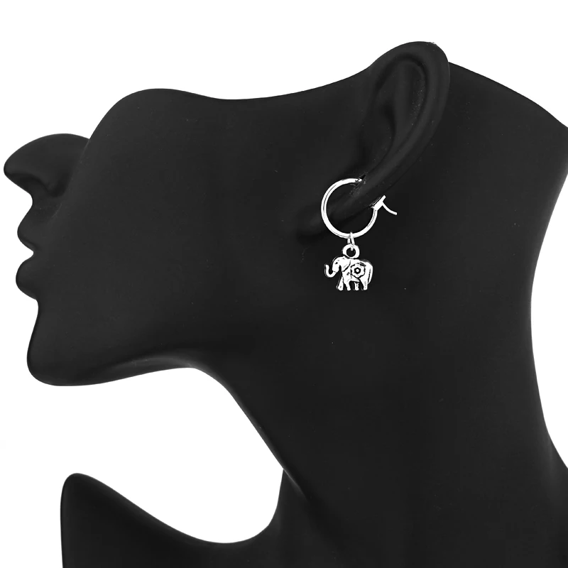 1pair European Retro Small Elephant Pendant Hoop Earrings Women Antique Color Circle Earring Funny Jewelry E555 | Украшения и