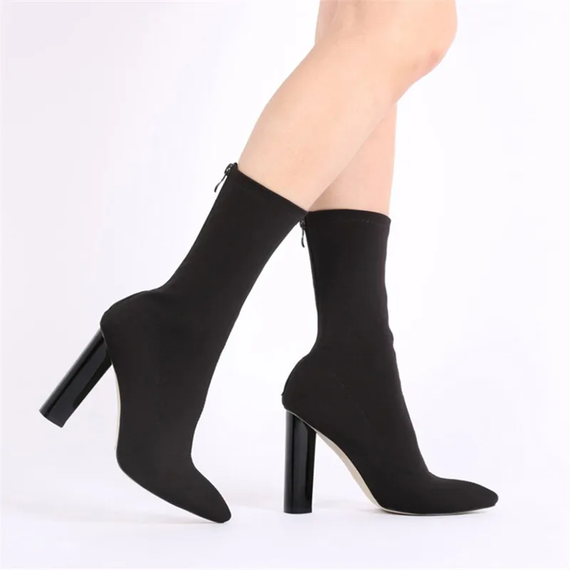 Женские ботильоны из эластичной ткани на высоком массивном каблуке с острым