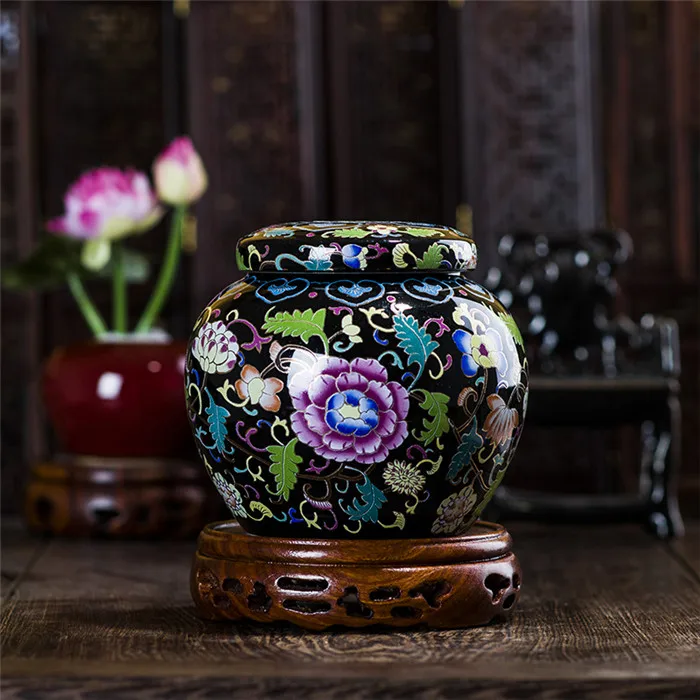 black jar x1 Китайская эмалированная чайная коробка, фарфоровая герметичная чайная коробка кунг-фу, бутылки и банки для хранения - Цвет: black jar x1