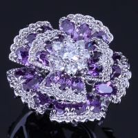 eye catching huge flower purple cubic zirconia white cz silver plated ring v0531