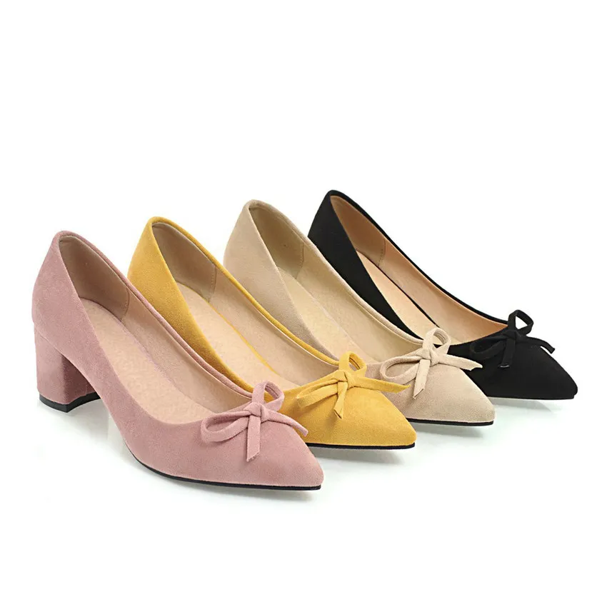 

Fanyuan 2019 Women Pumps Fashion Women Shoes Butterfly-knot Flock Pointed Toe Square High Heel Ladies Wedding Shoes Size 34-43