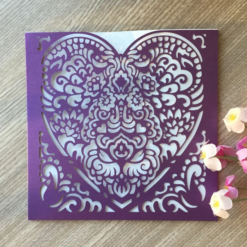 

50pcs New Design Pearl Paper Elegant Hollow Deep Purple Heart Pocket Wedding Party Birthday Invitation Card Party Supplies