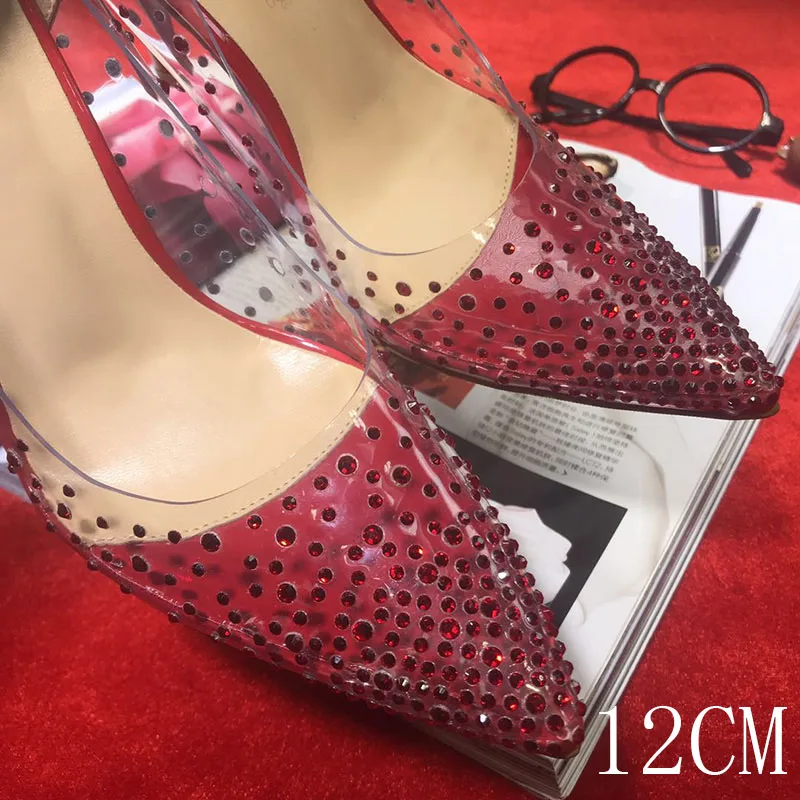 Red 12CM Туфли с красным верхом на высоком каблуке цвета: золотистый, серебристый с украшением в виде кристаллов; Цвет Стразы прозрачные свадебные туфли невесты; прозрачные женские вечерние Высота каблука 10 см или 12 см - Цвет: Red 12CM