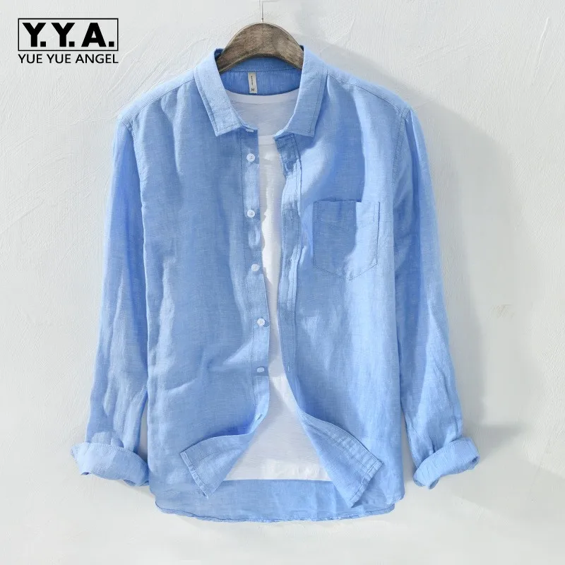 Рубашка мужская с длинным рукавом Пляжная дизайнерская блуза из хлопка и льна