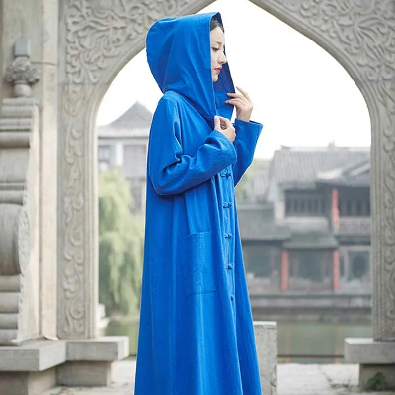 

Autumn Winter Women Cape Poncho Fashion Cloak Hood Linen Cotton Blended Chinese Style Loose Baggy Long Trench Coat Robes Clothes