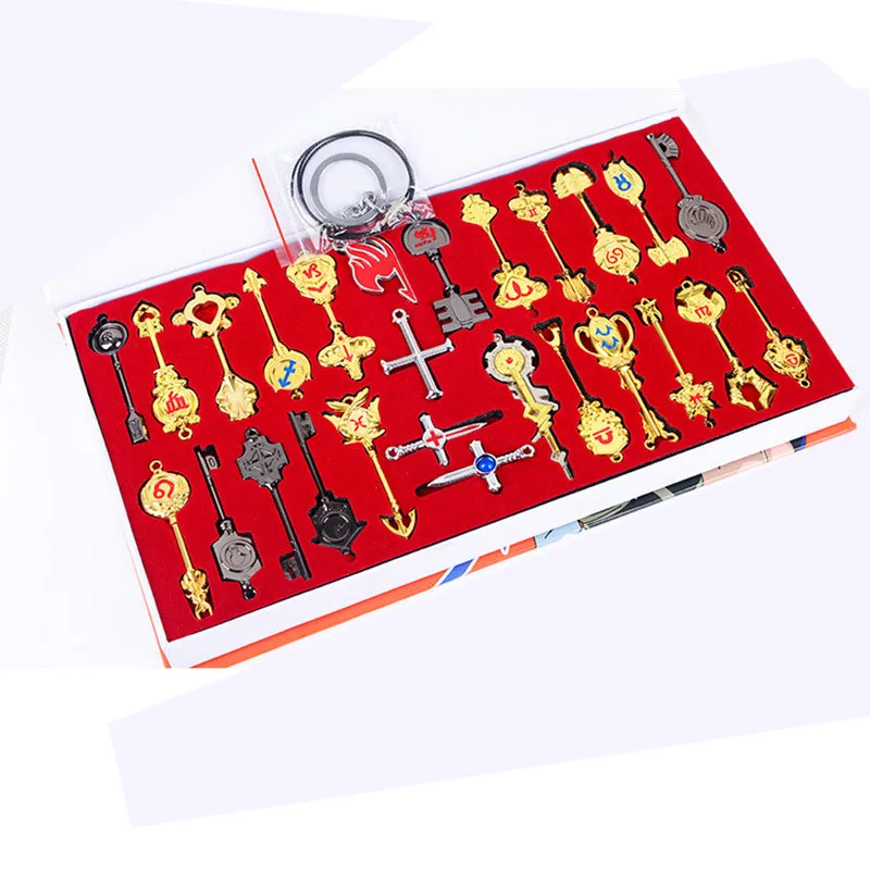 26pcs set Сказочный хвост брелок, набор аксессуаров для косплея, коллекция оружия, знак Lucy зодиака, золотое ожерелье с ключом, подвески для подарка - Цвет: 26pcs set