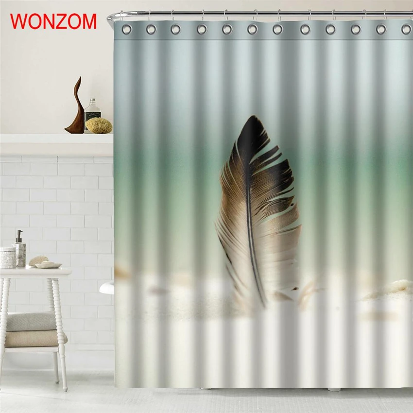 WONZOM 3D полиэстер ткань перо занавески для душа с 12 крючками ванной декора