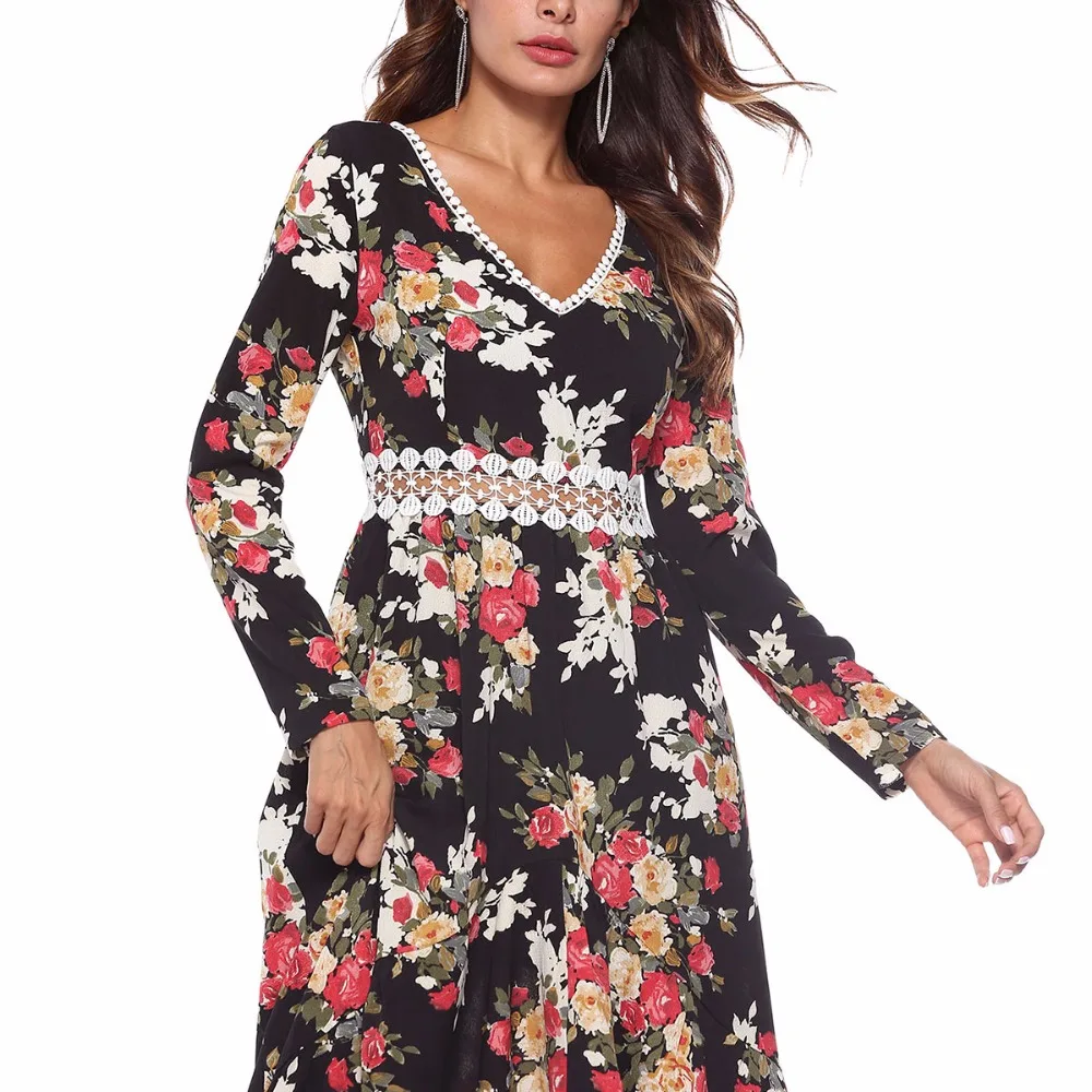 Floral Print Long Women Dress V-Neck Full Sleeve Spring Sexy Hollow Out Waist Personality Western Style Gilr Clothes |
