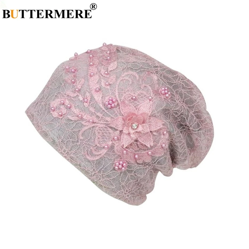 pink BUTTERMERE кружева Skullies Beanies cap s женщин химиотерапия тюрбан стрейч женский ворс кучи кепки дамы розовый платок-бандана - Цвет: pink