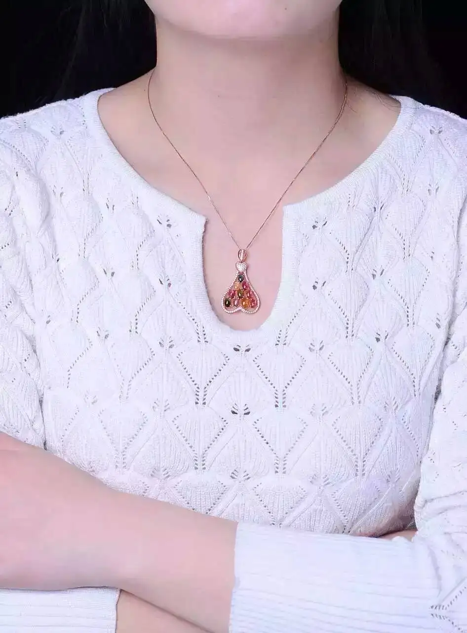 

natural multicolor tourmaline pendant S925 silver Natural garnet Pendant Necklace trendy Elegant Pipa music women fine jewelry
