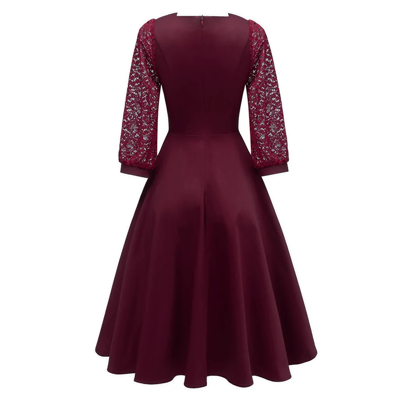 2018 Мода Bubble Sleeve Swing Dress бордовый темно-черный v-образным вырезом рокабилли Ретро Fit