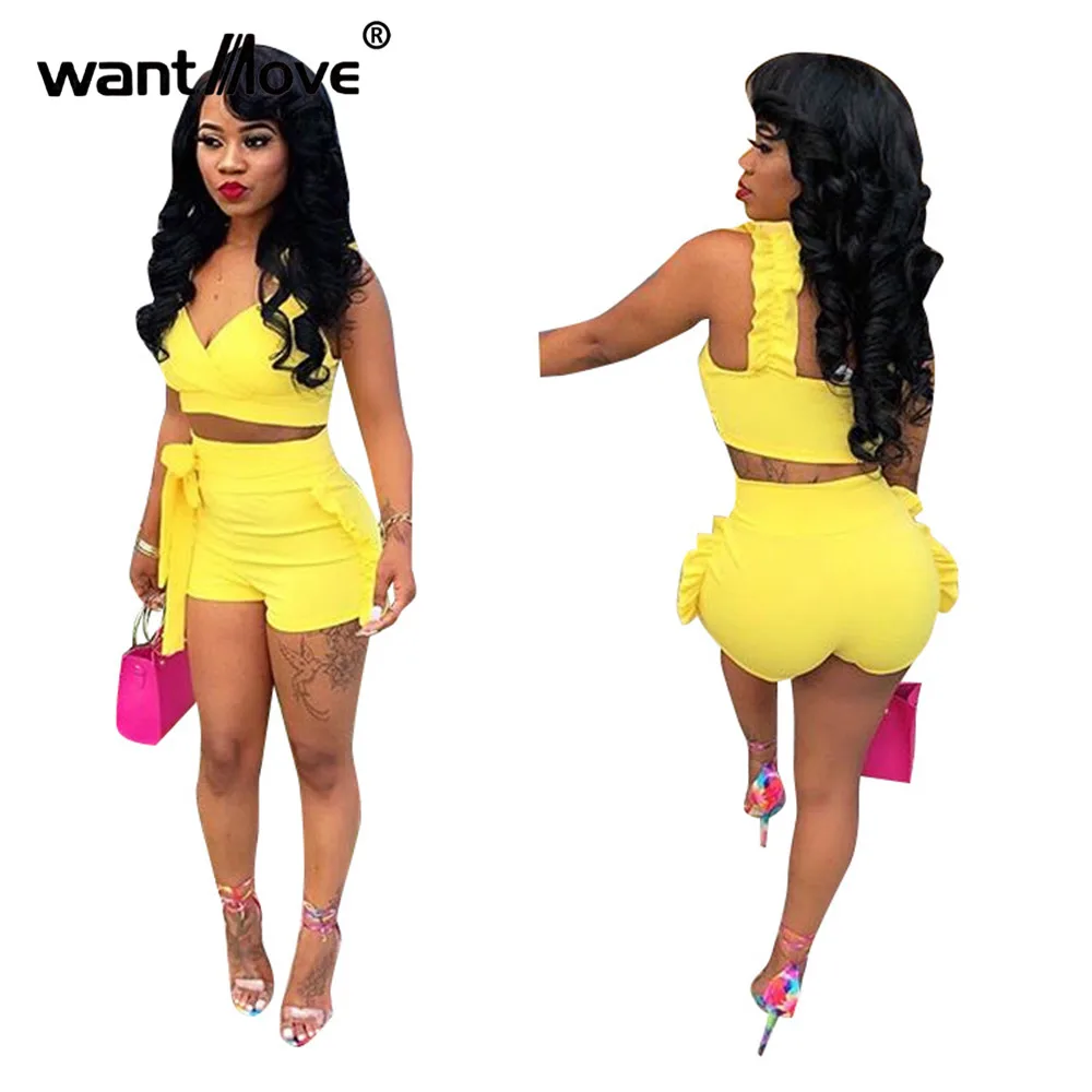 Женский летний комплект Wantmove из двух предметов однотонный топ с V образным