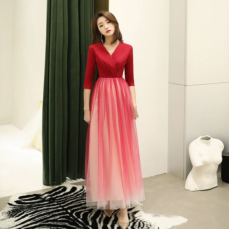 

2020 New Wine Red Evening Dresses Tulle A-line Lace Half Sleeve Long Formal Evening Ladies Gowns Elegant Lange LF273