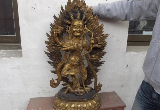 S0050 коллекционная бронзовый лев статуя Тибет Буддизм Старый Бронза Медь Gild