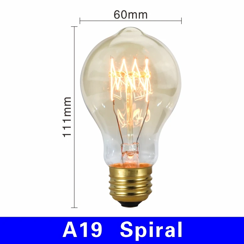 A19 spiral Электрическая лампочка эдисона светильник лампочка E27 220V 40W подвесной светильник в стиле ретро A19 A60 ST64 T10 T45 T185 G80 G95 нити Винтаж ампулы лампа накаливания со стеклянным колпаком - Цвет: A19 spiral
