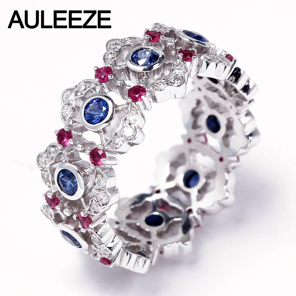 

AULEEZE Vintage 0.8cttw Natural Sapphire Weedding Band 18K White Gold Real Diamond Ruby Rings For Women Gemstone Fine Jewelry