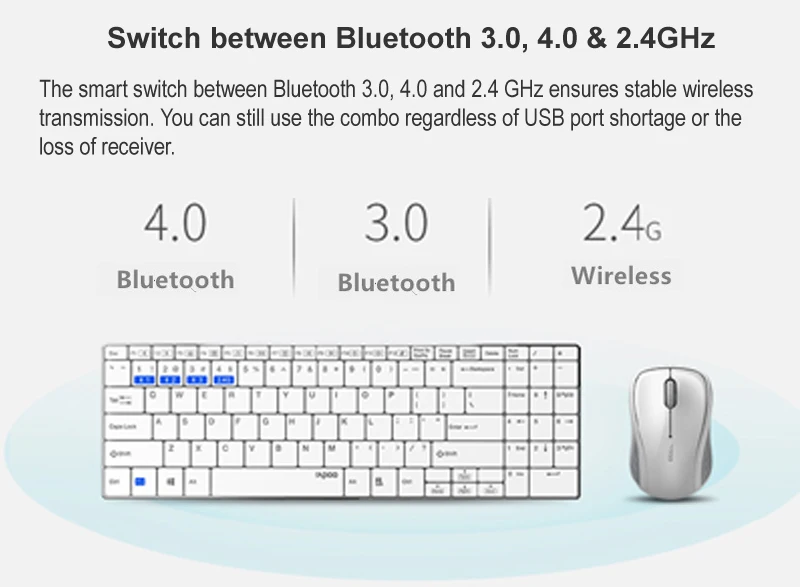 Rapoo Multi-mode Silent Беспроводной клавиатура Мышь комбинации Bluetooth 3,0/4,0 РФ 2,4 г переключаться между 3 устройств связи#9060 м