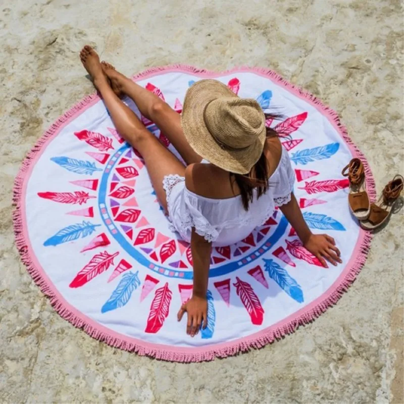 Summer Plant Feather Stripe Round Beach Towel Polyester Hippie Boho Tassel Playa shawl Travel Picnic Carpet Bedding Yoga Blanket |