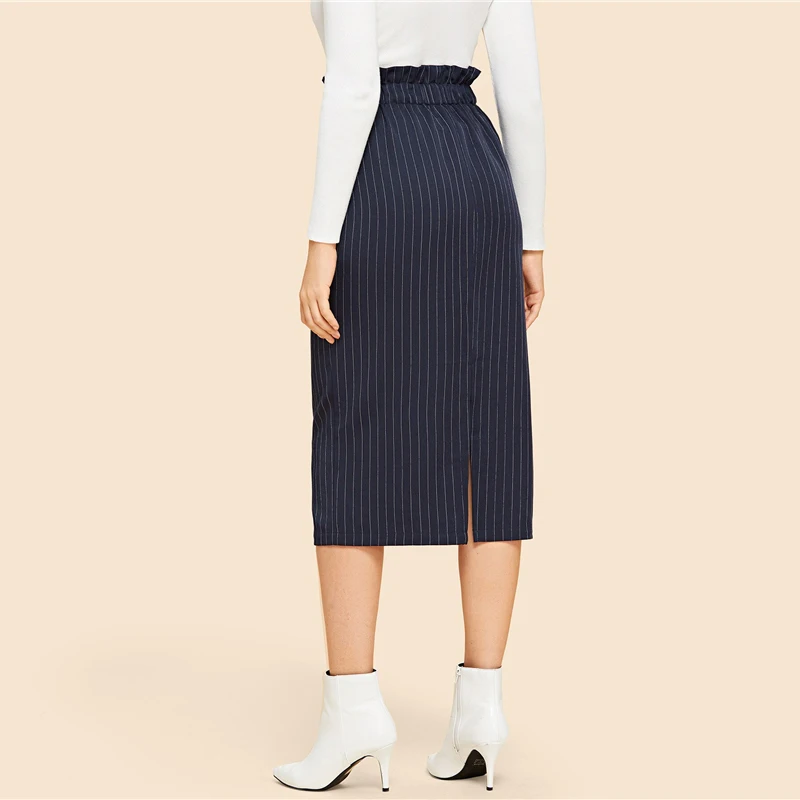 SHEIN темно-синяя эластичная полосатая прямая юбка с оборками на талии, юбки для лета и осени, женская элегантная юбка с высокой талией для офиса