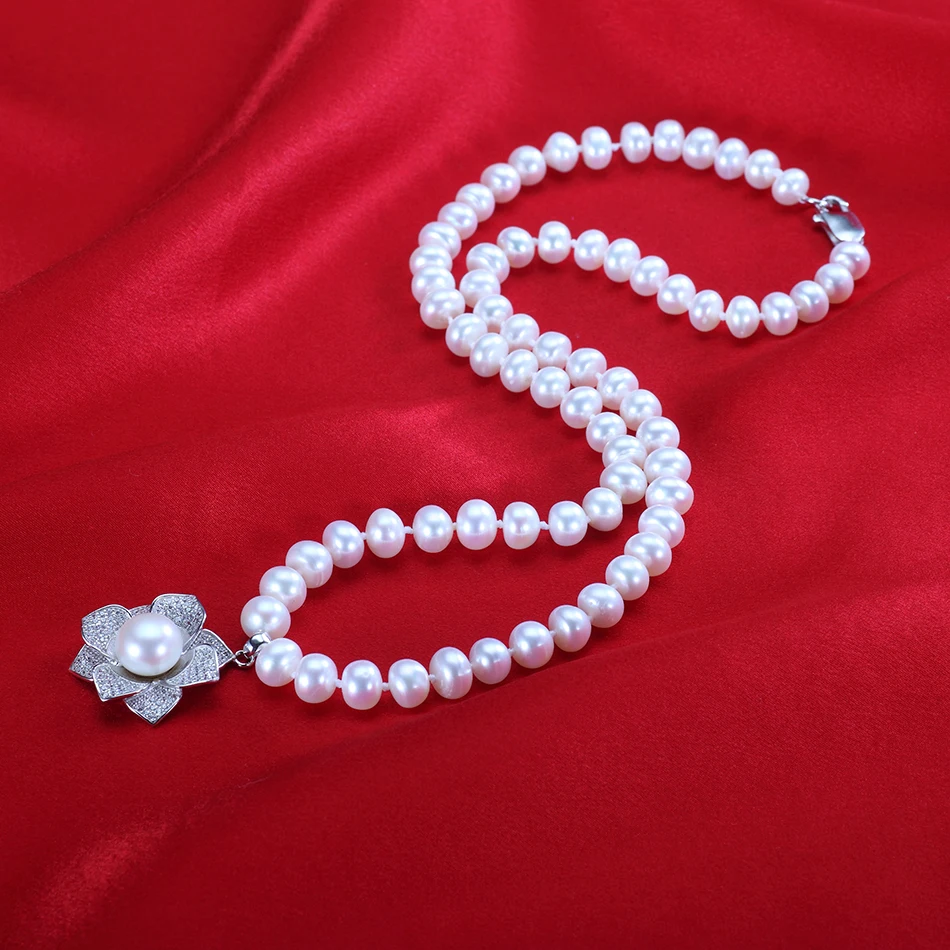 FEIGE Fashion Style Freshwater Pearl Necklace 925 Sterling Silver Inlay Cubic Zirconia Pendants for Women Handmade Jewelry | Украшения и