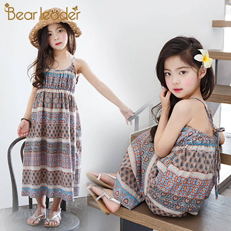 Bear Leader Girls Beach Bohemian Dress New Geometric Pattern Kids Sling-Sleeve Dresses For big children's beach Clothes | Детская