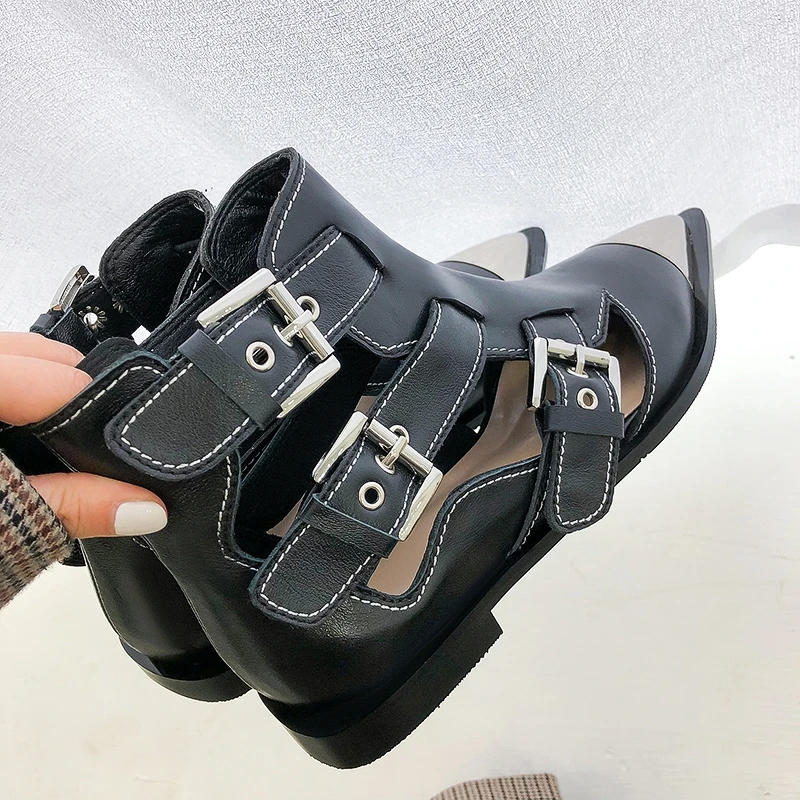 

Fashion Buckle Genuine Leather Rivets Motorcycle Ankle Boots Woman Brand Shoes Female Spring Summer Boots Sandals Shoes Women