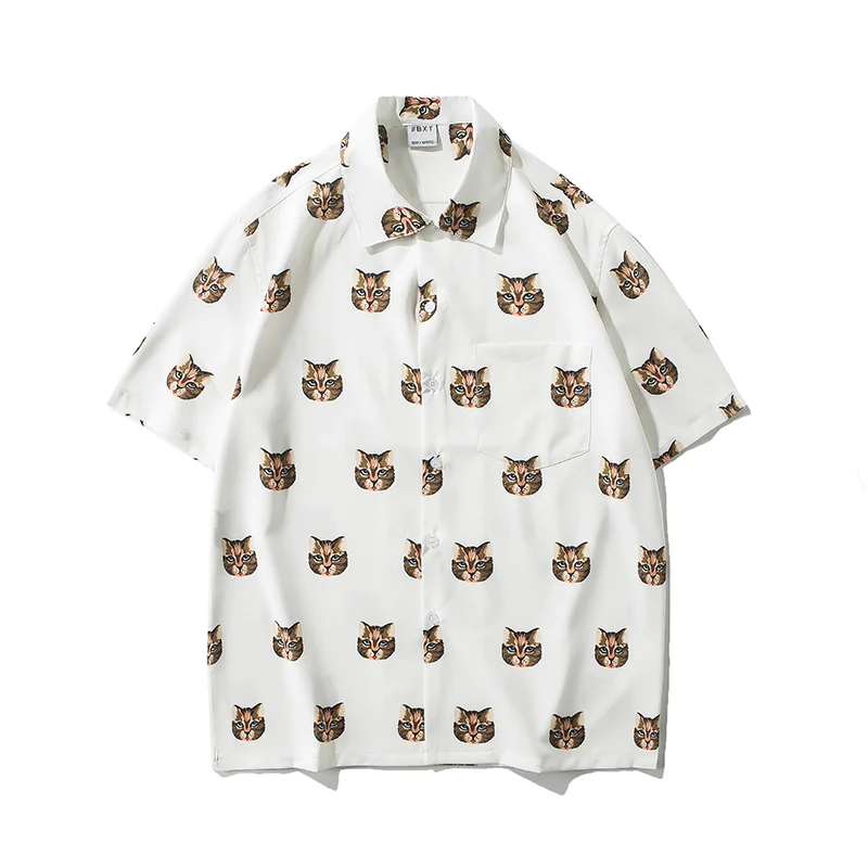 Cat Print Funny Men Shirt Long Sleeve Loose Blouse Button Up Woven Top | Мужская одежда