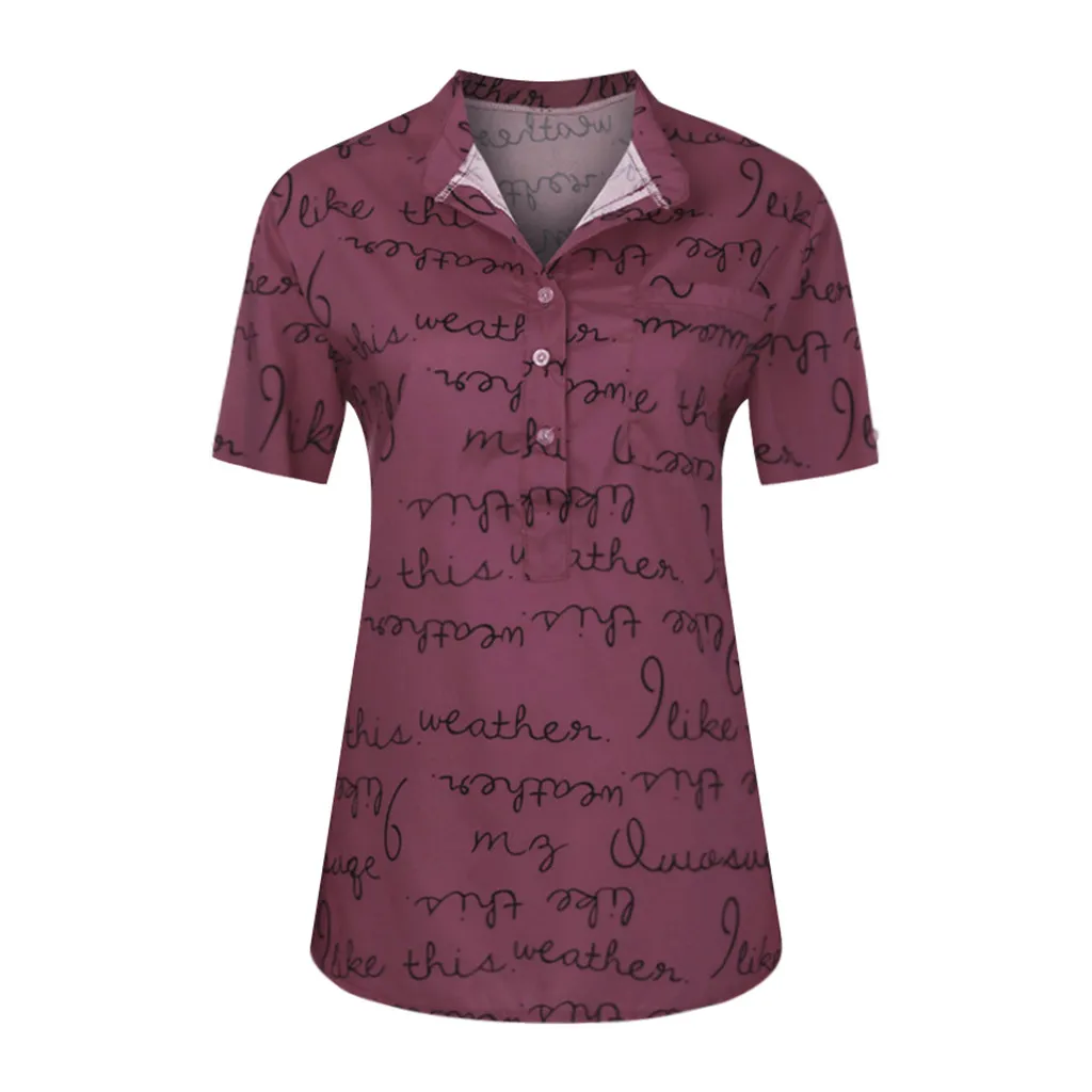 

Blouse Women 2019 Casual Loose V-Neck Button Short Sleeve Letter Blouse Fashion Women Tops And Blouses Plus Size Pullover Shirts