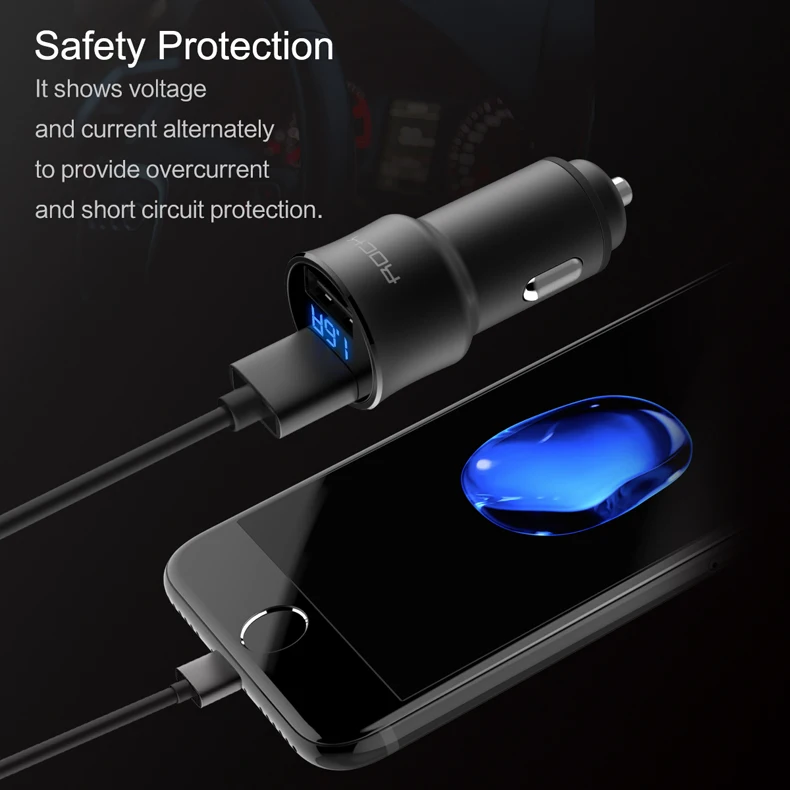 Автомобильное зарядное устройство ROCK H2 Dual USB, цифровой светодиодный дисплей, 5 В/3,4 А, быстрая зарядка, мониторинг напряжения, зарядное устройство для iPhone 6, 7, samsung, S8 Plus
