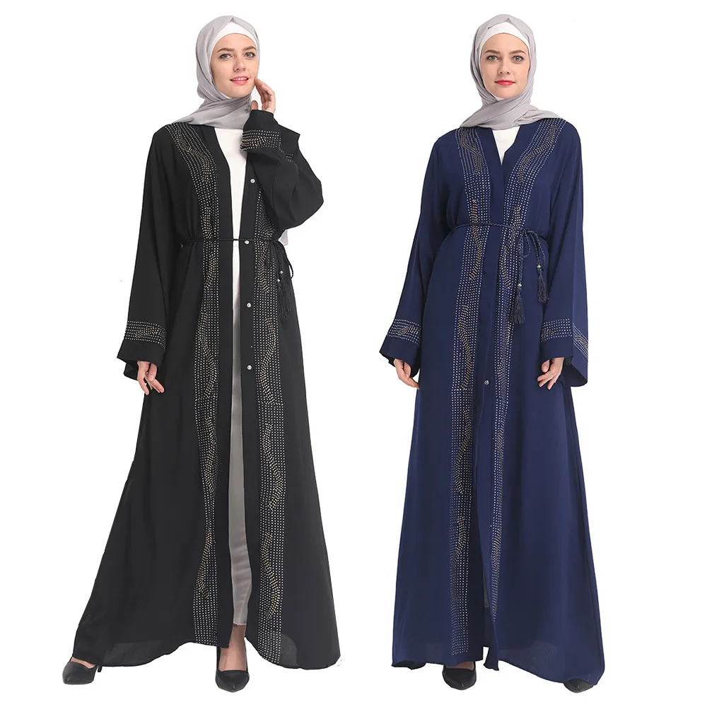 

Элегантное мусульманское платье-абайя макси с бриллиантами, кардиган с бисером, кимоно, длинное платье, платья для Ближнего Востока, Рамада...