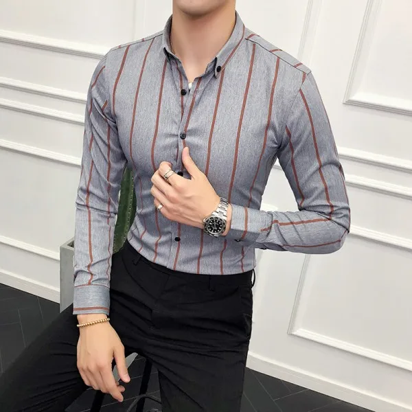 Gray Stripe Эксклюзивные Мужские рубашки с длинным рукавом, Лидер продаж, мужские рубашки, повседневные облегающие рубашки с отложным воротником, деловые рубашки в полоску для мужчин, 3XL - Цвет: Gray Stripe