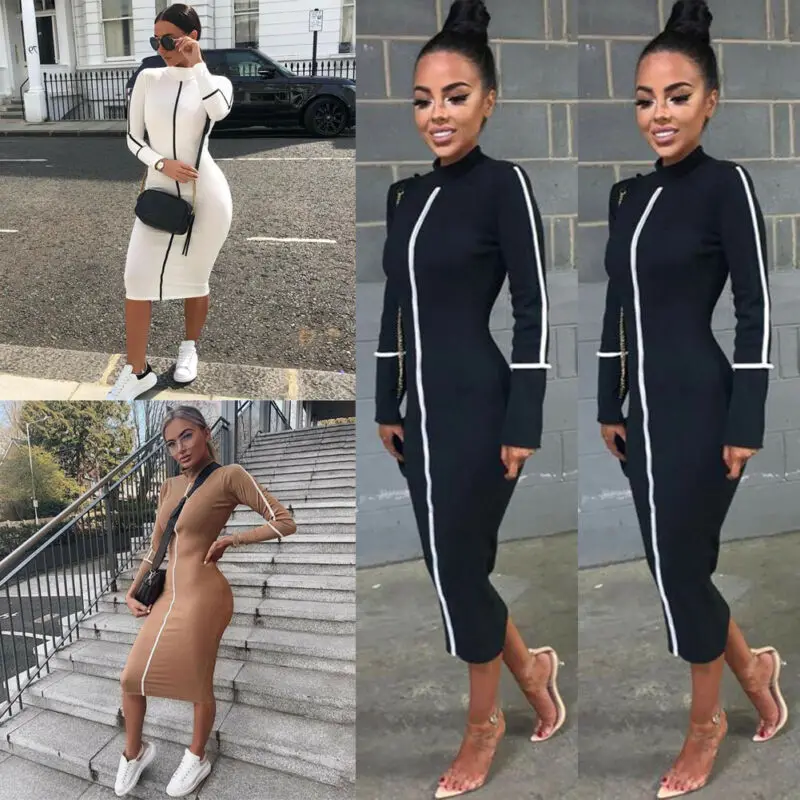 

Sexy Dress 2019 New Arrival Temperament Women's Summer Long Sleeve Contrast Color Fitness Pencil Midi Dress Sexy Bodycoon Dress