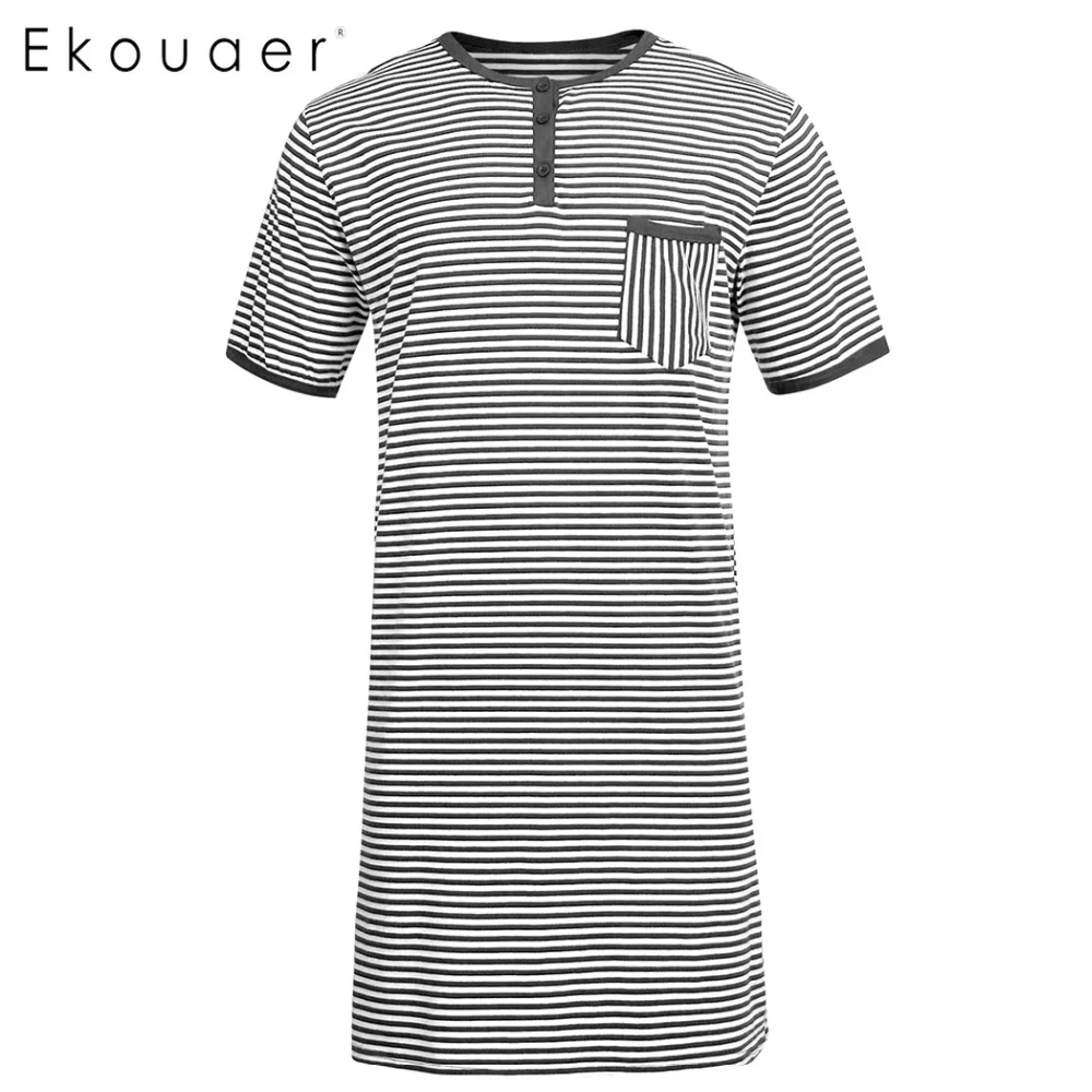 Ekouaer, Мужская Хлопковая пижама, топ, рукав реглан, ночная рубашка, пэчворк, длинная, легкая, полукнопка, свободная Пижама, повседневные топы для сна