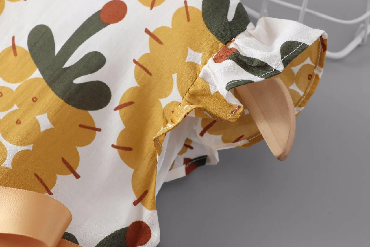 2019 Summer New Children's Pineapple Printing Dress Flutter Sleeve Wholesale Girls Dresses with Sashes | Детская одежда и