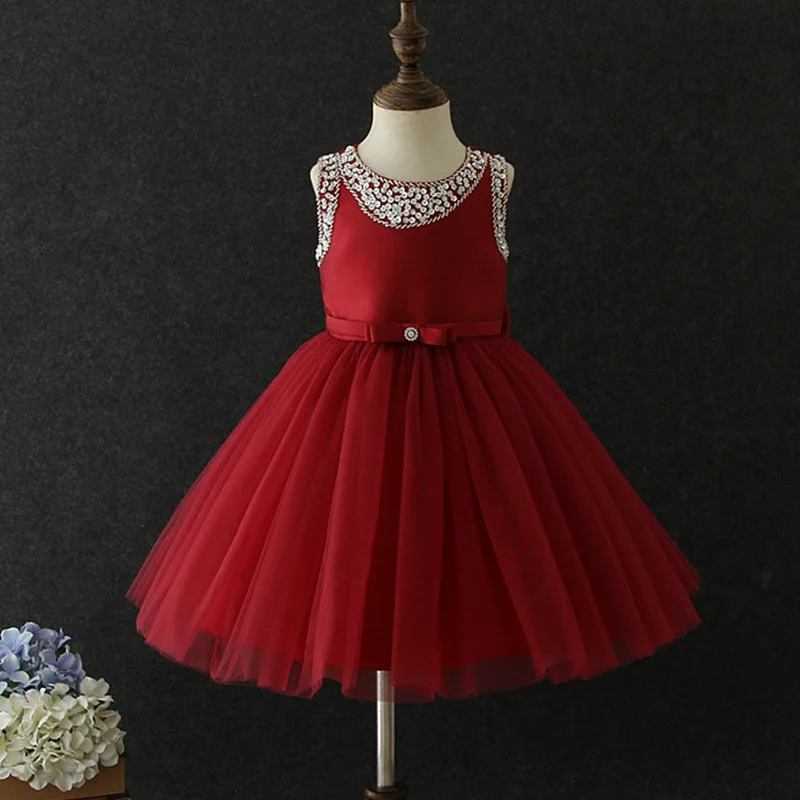 wine red Новое Модное детское платье принцессы с цветочным рисунком для свадебной вечеринки; красивое платье для девочек; платье из крепа с бусинами для банкета - Цвет: wine red