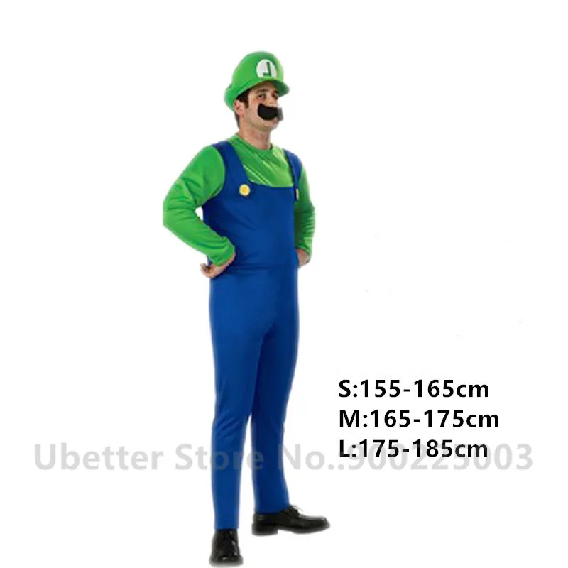 Men Green Halloween Cosplay Super Mario Bros Costume For Kids Adults Funny Party Wear Cute Plumber Mario Luigi Set Children Clothes C011 - Color: Men Green