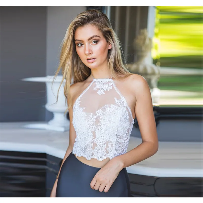 2017 Sexy white party gauze metallic Elegant lace crop top Summer beach backless short halter women tank camis | Женская одежда