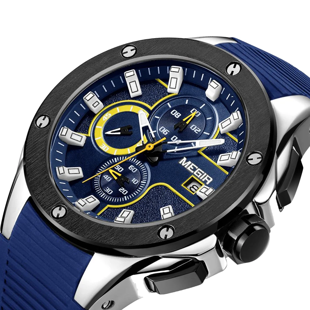 Megir Для мужчин спортивные часы хронограф силиконовый ремешок кварца армия