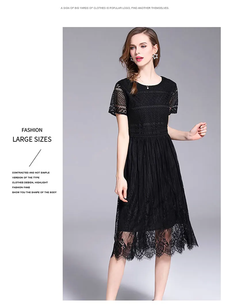 Женское летнее черное кружевное платье размера плюс, женская одежда, Vestido Mujer Verano, короткие рукава, круглый вырез, миди, вечерние платья K8801