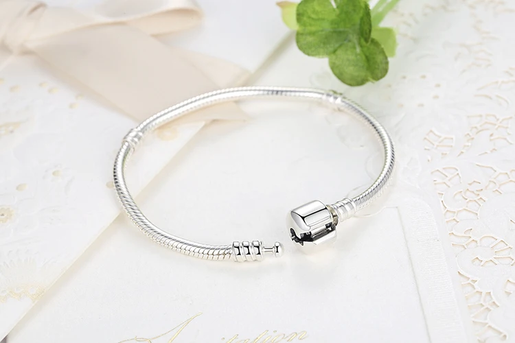 BAMOER Authentic 925 Sterling Silver Snake Chain Bangle& Bracelet Pave Star Cubic Zirconia CZ Jewelry PAB001