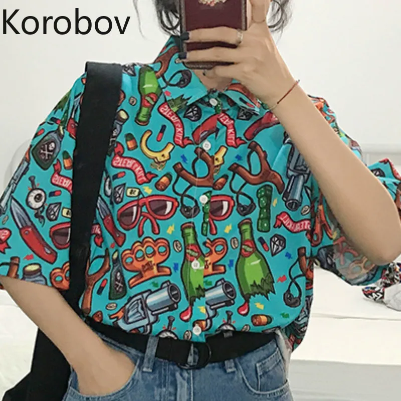 Korobov Harajuku/женская уличная блуза с мультяшным принтом короткий рукав Ulzzang рубашка
